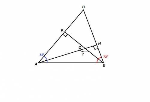 Два угла треугольника равны 58° и 72°. найдите тупой угол, который образуют высоты треугольника, вых