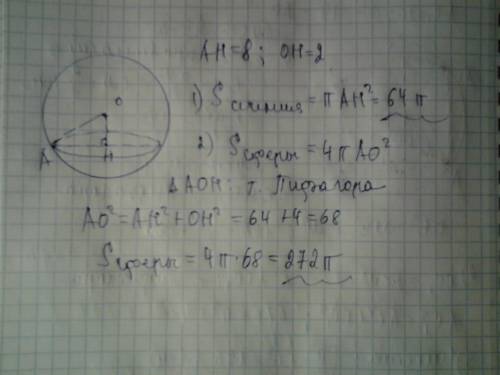 Знайдіть площу перерізу кулі площиною радіусом 8сп на відстані 2см. від цетра кулі.обчисліть площу с