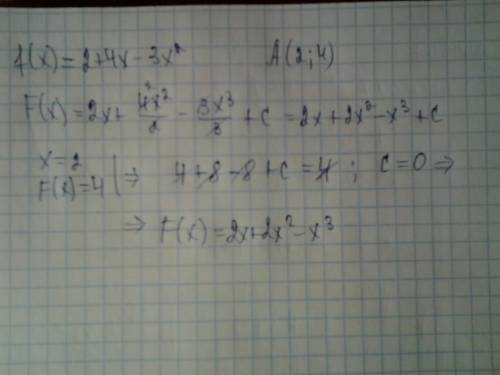 Найти первообразную функции f(x) = 2 +4x - 3x² в точке а(2,4).