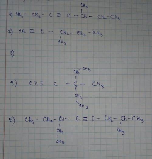Напишите структурные формулы следующих углеводородов: 1)5 митилгексин 3 2)3 митилпентин 1 3)3 этилок