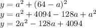 y = a^2 + (64 - a)^2 \\ &#10;y = a^2 + 4094 - 128a + a^2 \\ &#10;y = 2a^2 - 128a + 4094&#10;