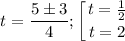 $t=\frac{5\pm3}{4}; \left [ {{t=\frac{1}{2} } \atop {t=2}} \right.