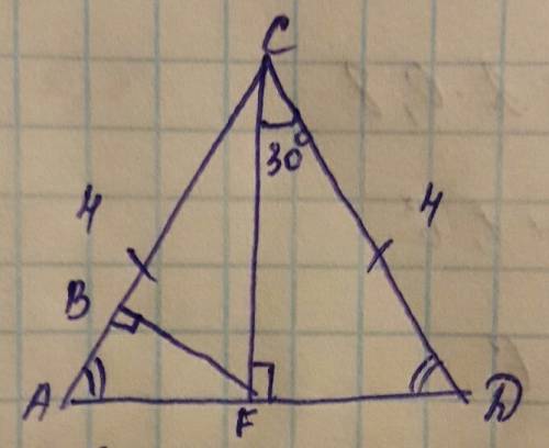 Втреугольнике acd ac=dc=4 см, cf- высота, угол fcd=30. из точки f проведён перпендикуляр fb к сторон
