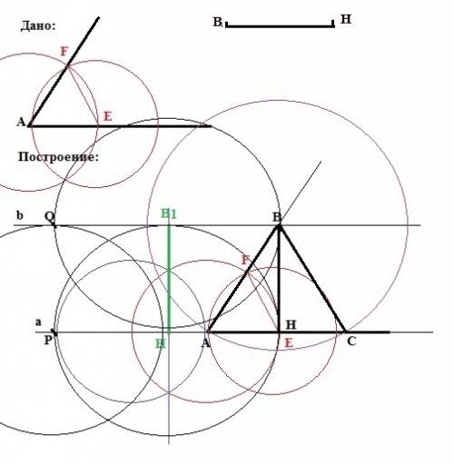 Как построить равнобедренный треугольник по высоте,проведенной к основанию и углу при основании, при