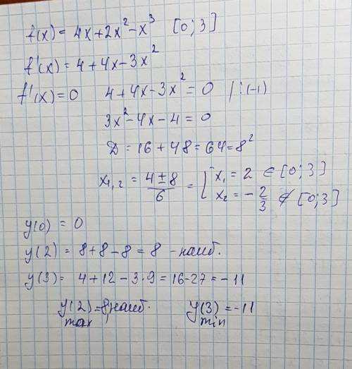 4.найдите наибольшее значение функции f(x)+4x +2x²-x³на отрезе [0: 3]