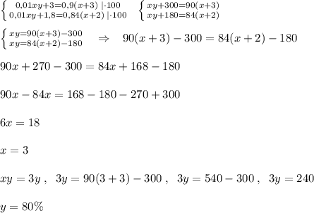 \left \{ {{0,01xy+3=0,9(x+3)\; |\cdot 100} \atop {0,01xy+1,8=0,84(x+2)\; |\cdot 100}} \right. \; \; \left \{ {{xy+300=90(x+3)} \atop {xy+180=84(x+2)}} \right. \\\\ \left \{ {{xy=90(x+3)-300} \atop {xy=84(x+2)-180}} \right. \; \; \; \Rightarrow \; \; \; 90(x+3)-300=84(x+2)-180\\\\90x+270-300=84x+168-180\\\\90x-84x=168-180-270+300\\\\6x=18\\\\x=3\\\\xy=3y\; ,\; \; 3y=90(3+3)-300\; ,\; \; 3y=540-300\; ,\; \; 3y=240\\\\y=80\%