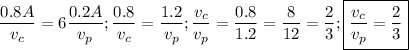 $\frac{0.8A}{v_c}=6\frac{0.2A}{v_p} ; \frac{0.8}{v_c}=\frac{1.2}{v_p}; \frac{v_c}{v_p}=\frac{0.8}{1.2}=\frac{8}{12}=\frac{2}{3}; \boxed{\frac{v_c}{v_p}=\frac{2}{3} }