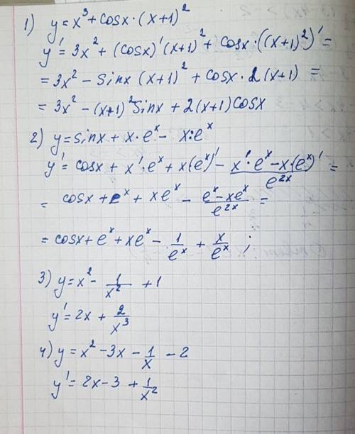 Спроизводными 1)y=x^3+cosx(x+1)^2 2)y=sinx+x*e^x-x: enx 3)y=x^2-1: x^2+1 4)y=x^2-3x=1: x-2