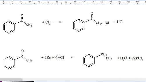 Взаим. ацетофенона с а) хлором , б) цинком в присутствии хлороводород ной к-ты , в ) гидроксиламин л