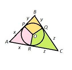 Втреугольник abc вписана окружность, которая касается сторон a b, b c и ca в точках p, q и r. найдит