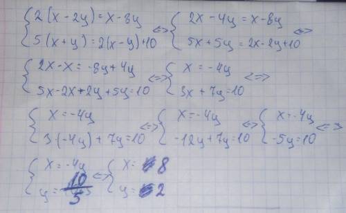 Решите систему уравнений подстановки 1) { 2 ( х - 2 у ) = х - 8 у, 5 ( х + у ) = 2 ( х - у ) + 10; 2