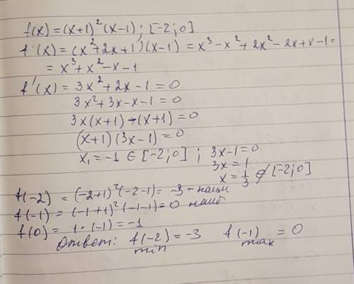 Найдите наименьшее и наибольшее значение функции f(x)=(x+1)^2 (x-1) ; [-2; 0]