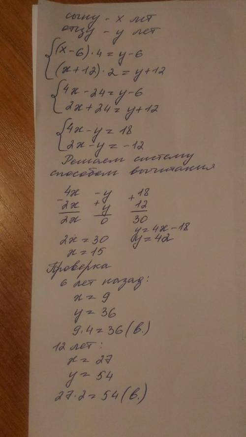 Сын 6 лет назад был в 4 раза младше отца , а через 12 лет он будет младше отца в 2 раза . сколько ле