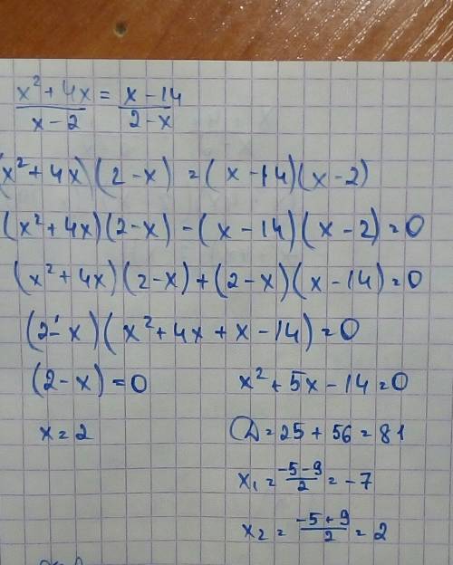 Найдите корни уравнения x^2+4x/x-2=x-14/2-x