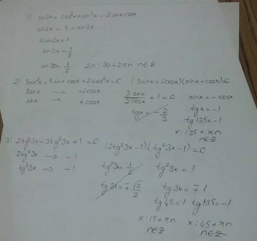 1) sin2x= (cosx-sinx)^{2} 2)3sin^{2} x+5sinxcosx+2cos ^{2} x=0 3)