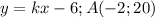 y=kx-6; A(-2;20)