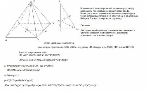 Вправильной четырехугольной пирамиде угол между апофемой и плоскостью основания равен альфа. бисектр