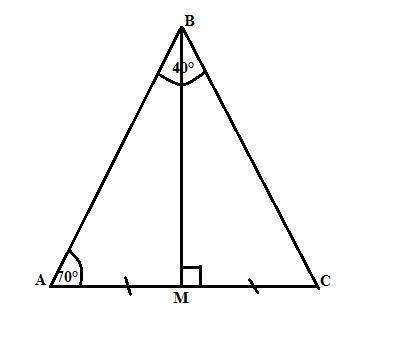 Втреугольнике abc точка m - середина стороны ac, ; угол bma=90, угол ; abc=40; угол bam=70. найдите