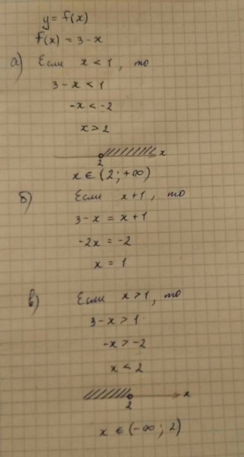 Дана функция y=f(x), где f(x)=3-x, если x меньше 1, x+1, если x больше 1. вычислите а) f(1), б) f(-2