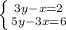 \left \{ {{3y-x=2} \atop {5y-3x=6}} \right.