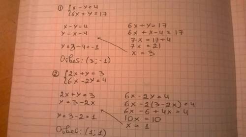 Решить систему уравнений болел не могу разобраться. х-у=4 6х+у=17 2х+у=3 6х-2у=4