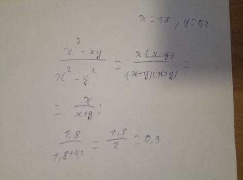 X(в квадр)-xy делённое на x(в квадр)-y(в квадр) при x=1,8 y=0.2