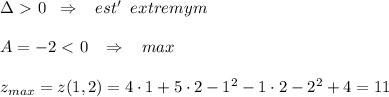 \Delta \ \textgreater \ 0\; \; \Rightarrow \; \; \; est'\; \; extremym\\\\A=-2\ \textless \ 0\; \; \; \Rightarrow \; \; \; max\\\\z_{max}=z(1,2)=4\cdot 1+5\cdot 2-1^2-1\cdot 2-2^2+4=11