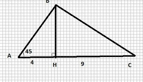 Втреугольнике авс угол а равен 450, вн -высота, нс=9, ан=4. найдите площадь ∆авс