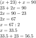 (x+23)+x=90 \\ 23+2x=90 \\ 2x=90-23 \\ 2x=67 \\ x=67:2 \\ x=33.5 \\ 33.5+23=56.5