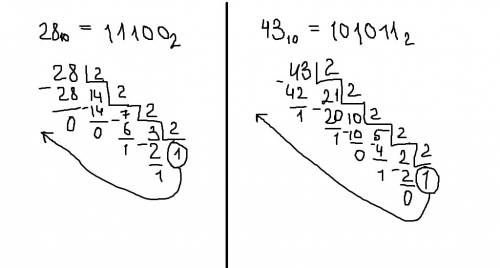 Преобразуйте десятичные числа в двоичные 28 43