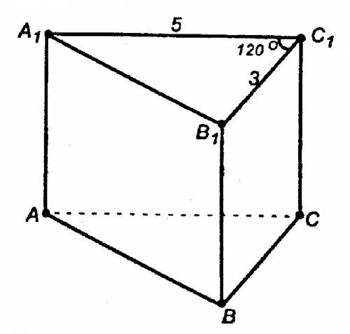С! основание прямой призмы – треугольник со сторонами 5 см и 3 см и углом в 120˚ между ними. наиболь