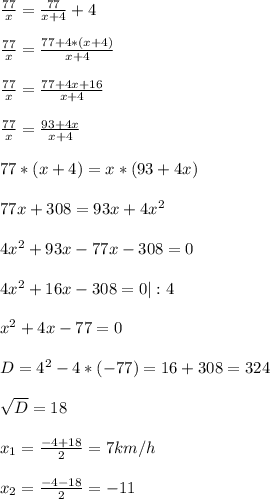 \frac{77}{x}= \frac{77}{x+4} +4\\ \\ \frac{77}{x}= \frac{77+4*(x+4)}{x+4}\\ \\ \frac{77}{x}= \frac{77+4x+16}{x+4}\\ \\ \frac{77}{x}= \frac{93+4x}{x+4}\\ \\ 77*(x+4)= x*(93+4x)\\ \\ 77x+308= 93x+4x^{2} \\ \\ 4x^{2} +93x-77x-308=0\\ \\ 4x^{2} +16x-308=0 |:4\\ \\ x^{2}+ 4x -77=0\\ \\ D=4^{2}- 4*(-77)= 16+308=324\\ \\ \sqrt{D}=18\\ \\ x_{1} =\frac{-4+18}{2}=7 km/h\\ \\ x_{2}=\frac{-4-18}{2}=-11