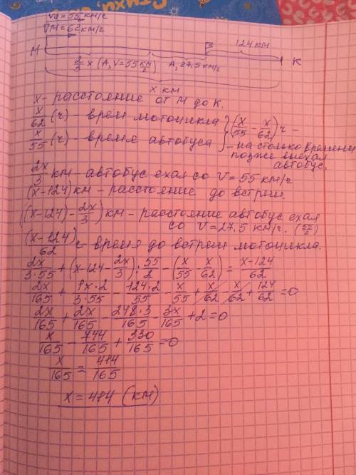 Мотоцикл со скоростью 62 км/ч отправился из пункта м через некоторое время после выезда автобуса, ск