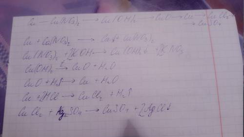 Решите цепочку превращения cu- cu (no3)2-cu(oh)2-cuo-cu-cucl2-cuso4