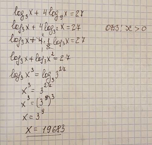 Решить)) решите уравнение log₃x+4log₉x=27