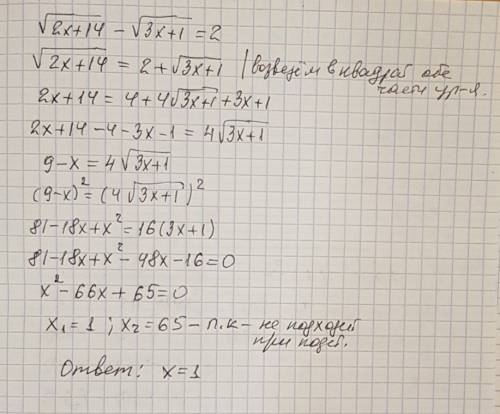 Решите уравнение √2х+14 - √3х+1 = 2