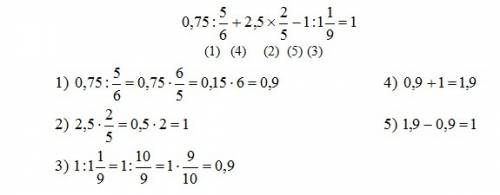 Вычисли: 0,75÷5/6+2,5×2/5-1÷1 1/9=?