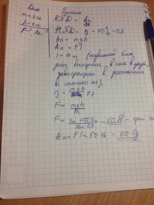 Содного подвижного и одного неподвижного блоков равномерно подняли груз массой 8 кг на высоту 8 м. к