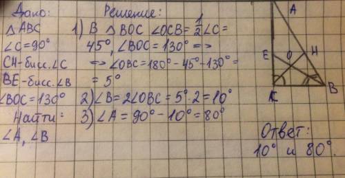 Бісектриси гострого і прямого кута прямокутного трикутника перетинаються під кутом 130 градусів . зн