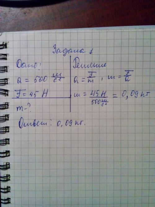 1. определите массу пули, которая летит с ускорением 500 м/с^2, под действием силы 45 ньютонов.; 2мо