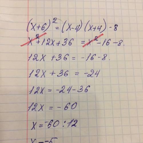Решите уравнение: (х+6)^2=(х-4)(х+4)-8