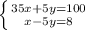 \left \{ {{35x+ 5y=100} \atop {x-5y=8}} \right.