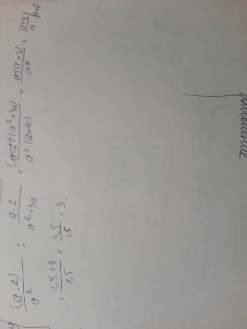 Найдите значение выражения(а-2)/а^2 ∶ (а-2)/(а^2+3а)при а = 1,5.