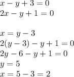 x-y+3=0\\2x-y+1=0\\\\&#10;x=y-3\\2(y-3)-y+1=0\\2y-6-y+1=0\\y=5\\x=5-3=2