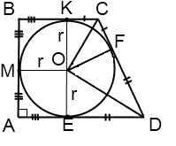 Упрямокутну трапецію вписано коло точка дотику ділить більшу з бічних сторін трапеції на відрізки за