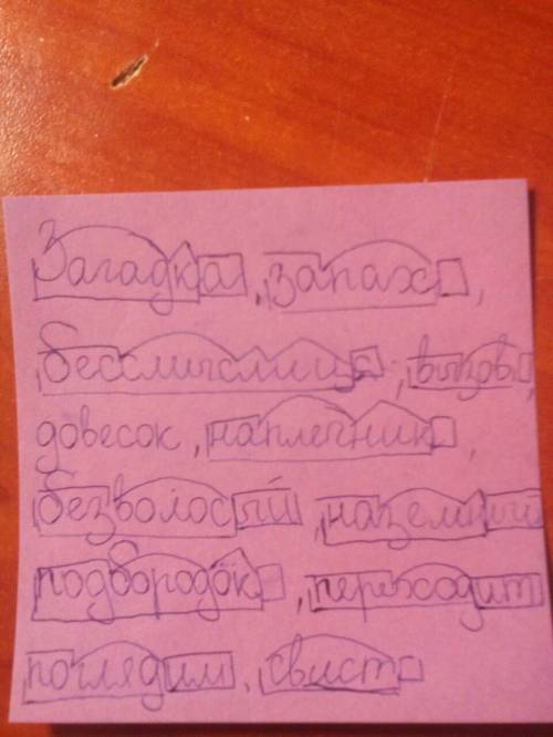 Разбери слова по составу.загадка,запах,бессмыслица,вывоз,довесок,наплечник,безволосый,наземный,подбо