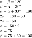 \alpha +\beta=180 \\ \beta= \alpha + 30^{o} \\ \alpha + \alpha +30^{o} =180 \\ 2 \alpha =180-30 \\ 2 \alpha =150 \\ \alpha =150:2 \\ \alpha =75 \\ \beta=75+30=105