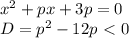 x^{2} +px+3p=0 \\ D=p ^{2} -12p\ \textless \ 0