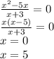 \frac{x^2-5x}{x+3}=0 \\ \frac{x(x-5)}{x+3}=0 \\ x=0 \\ x=5