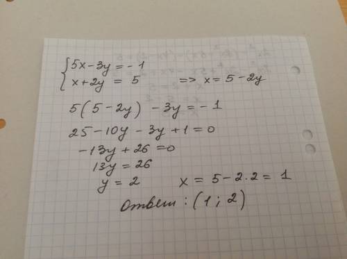 Решить систему уравнений подстановки 5x-3y= -1 x+2y= 5